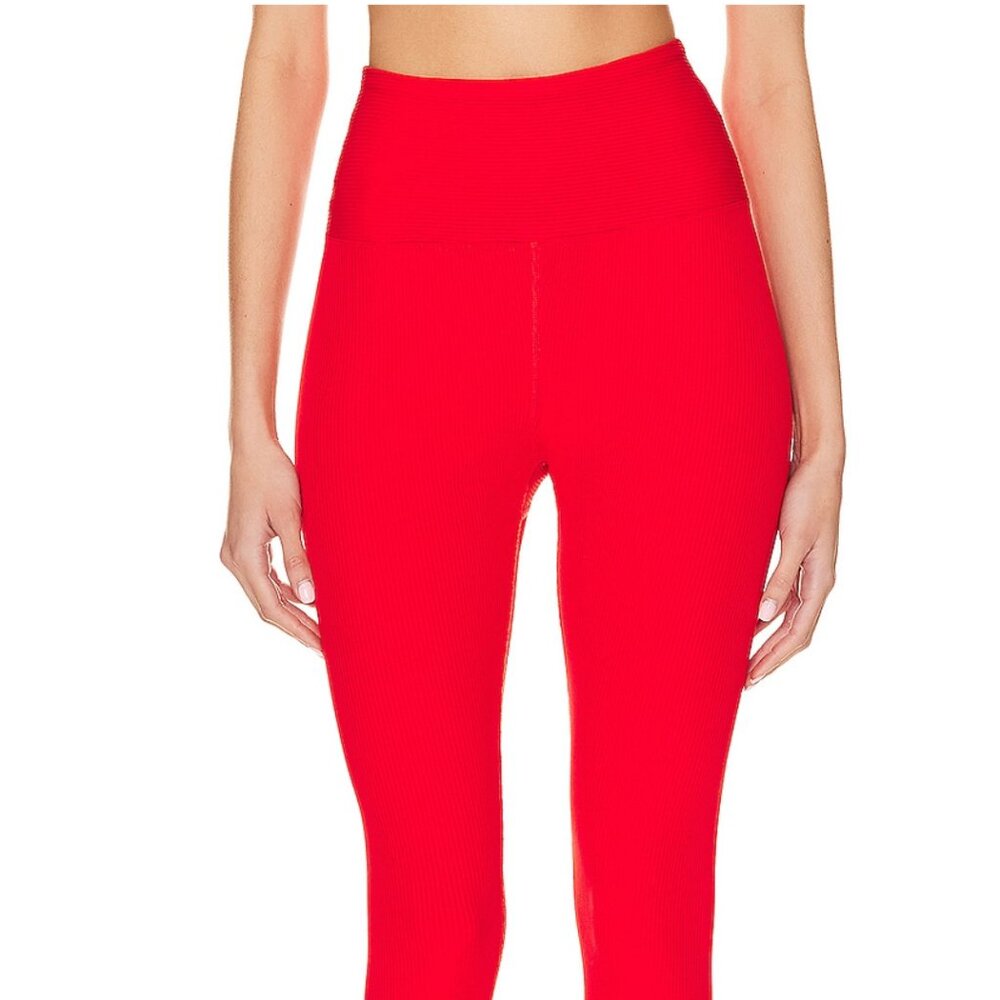 Flare Legging Red Ribbed Compression Flared Bellbottom Pants - Picture 2 of 7